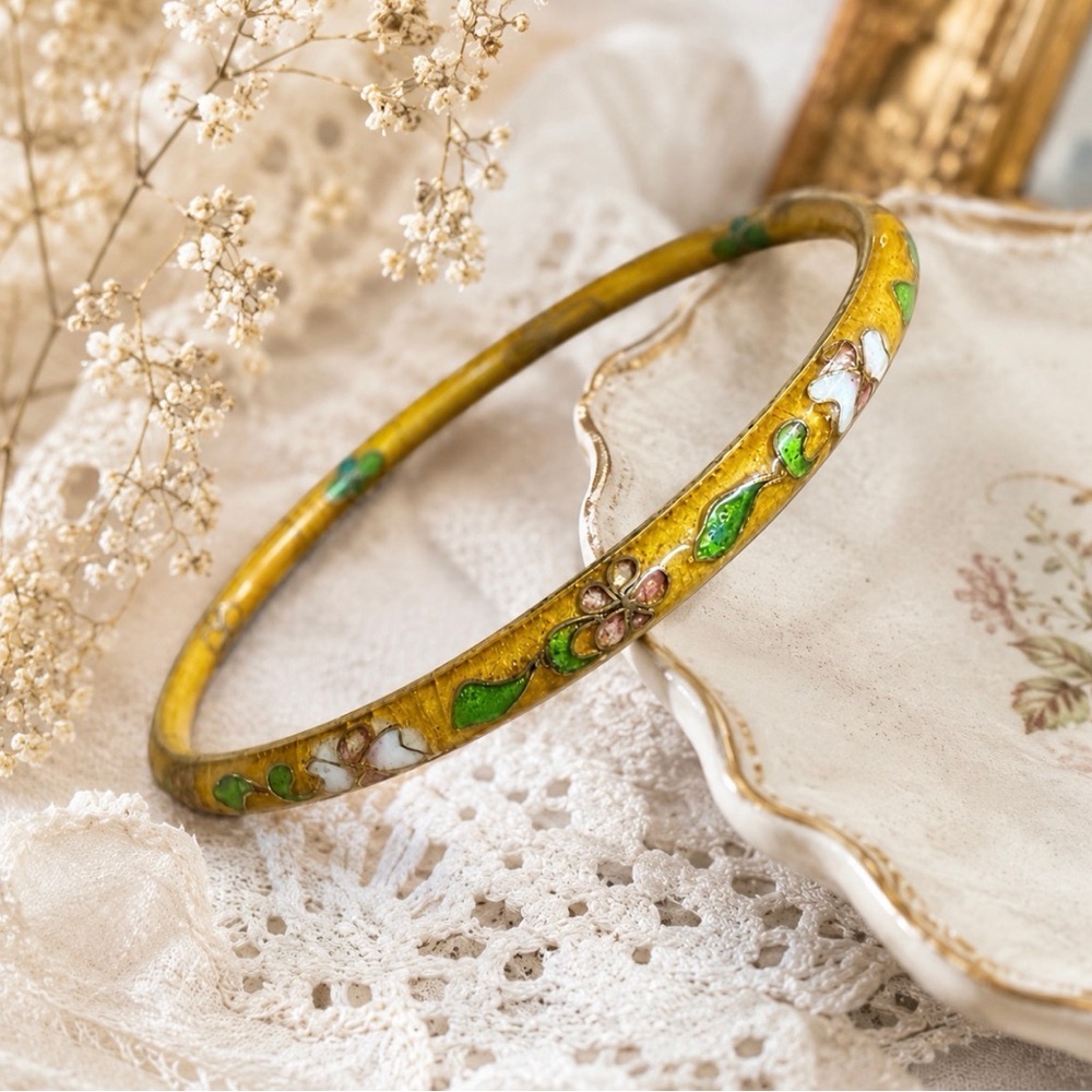 Vintage Yellow Cloisonné Floral Bangle Bracelet Enamel Pink White Flowers Leaves
